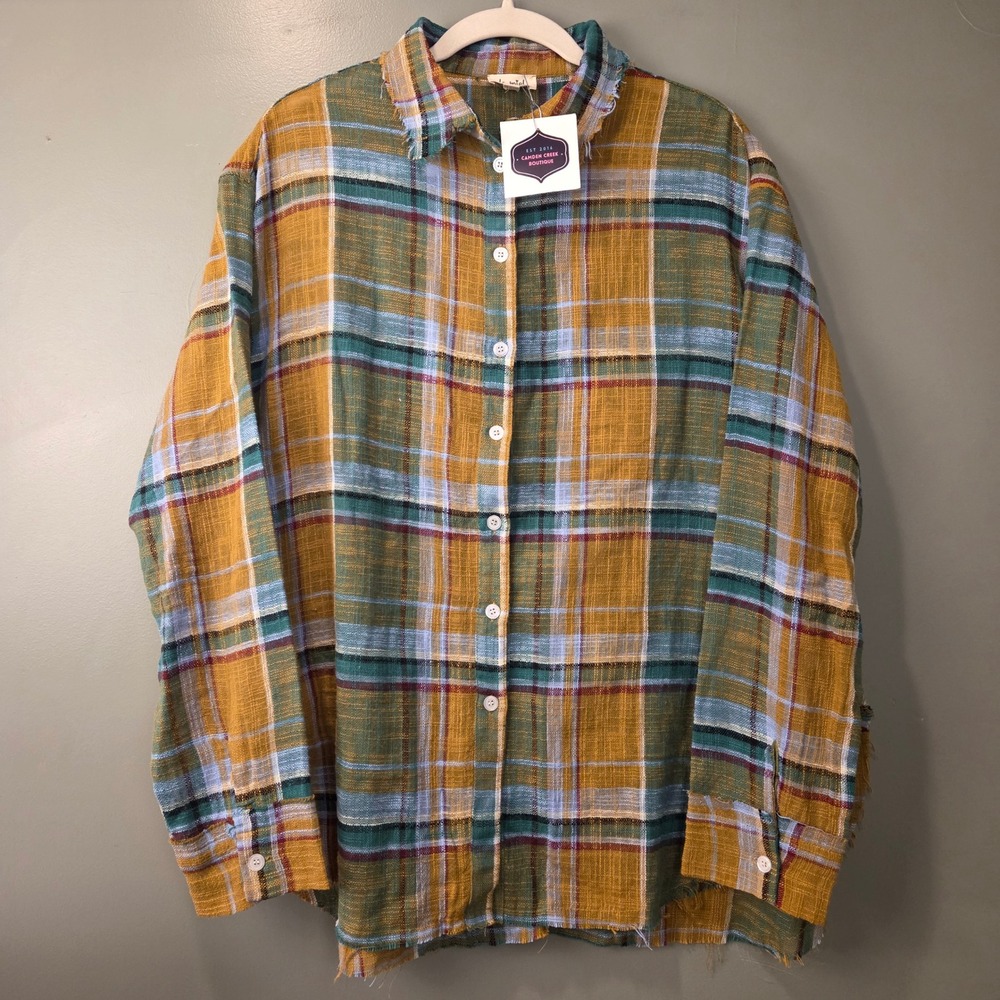 NEW La Miel Women's 100% Cotton Plaid Button Up Shirt Raw Hem Multi Size L